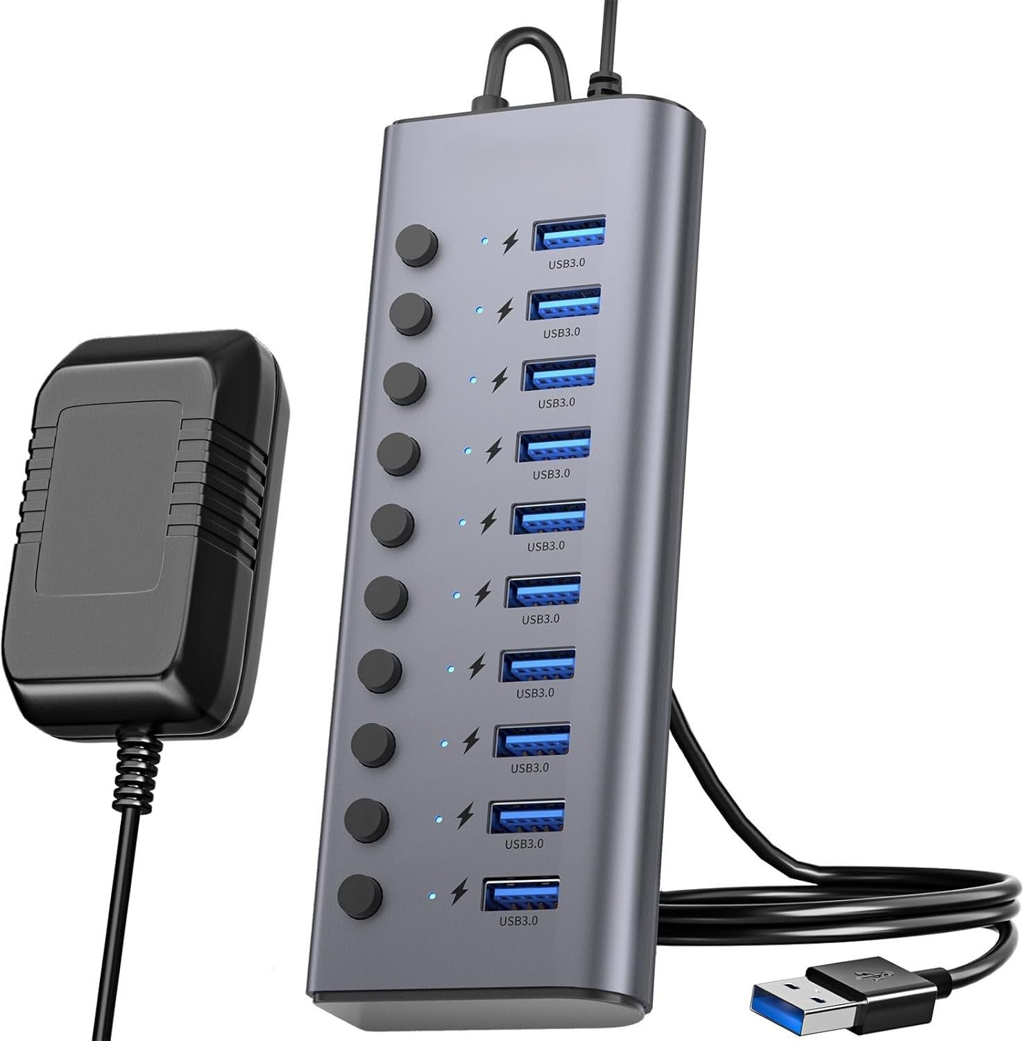 10 Port Powered USB 3.0 Hub, 60W Aluminium USB Charging Hub with DC 12V5A Power Adapter