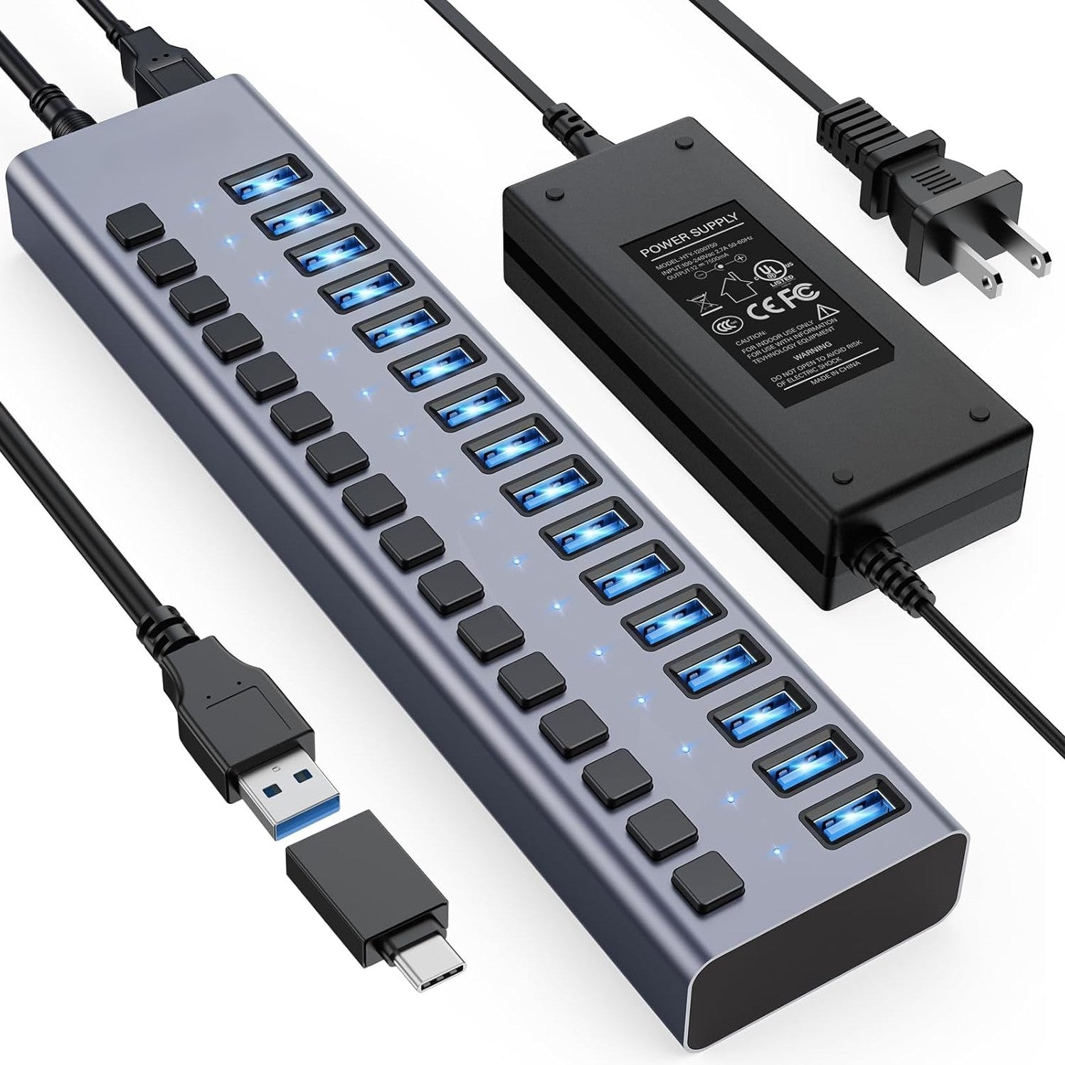 Powered USB 3.0 Hub, 16 Ports USB 3.0 Hub with 5Gbps Data Speed，Aluminum Housing, USB Hub Powered with 90W Power Adapter